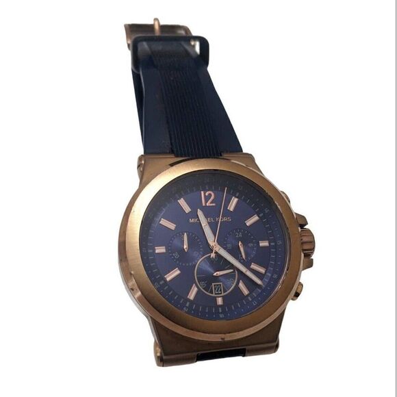 MICHAEL KORS Dylan Blue Silicone Rose Gold Mens Chronograph Watch MK8295 - Picture 2 of 6
